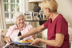 caregiver serving food to a senior